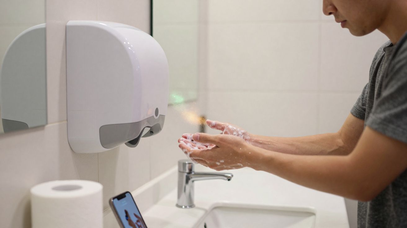 Pessoa lavando as mãos com sabão em pia com dispensador automático de papel toalha e celular ao lado.