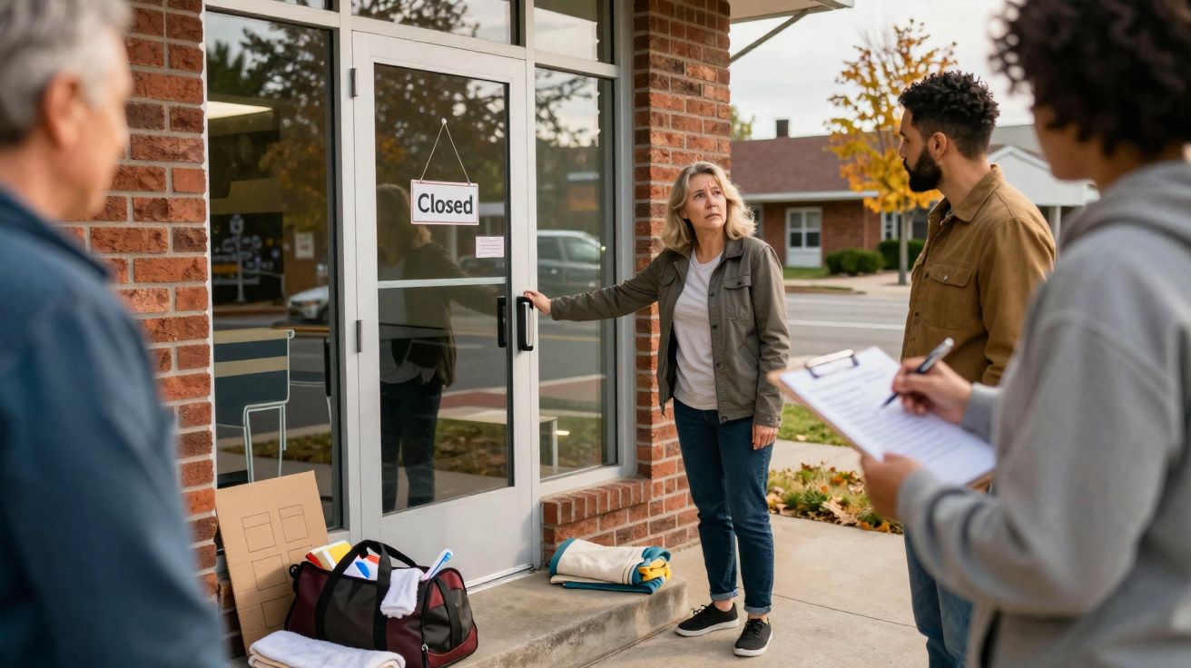 Mulher em frente a porta fechada de estabelecimento, segurando maçaneta, enquanto três pessoas a observam.