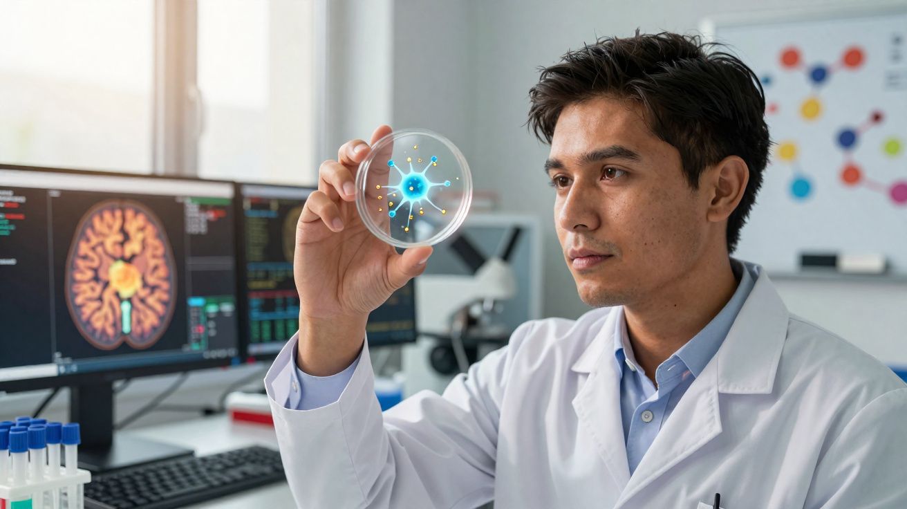 Cientista em laboratório segurando placa de Petri com desenho digital de célula, computador com imagem de cérebro ao fundo.