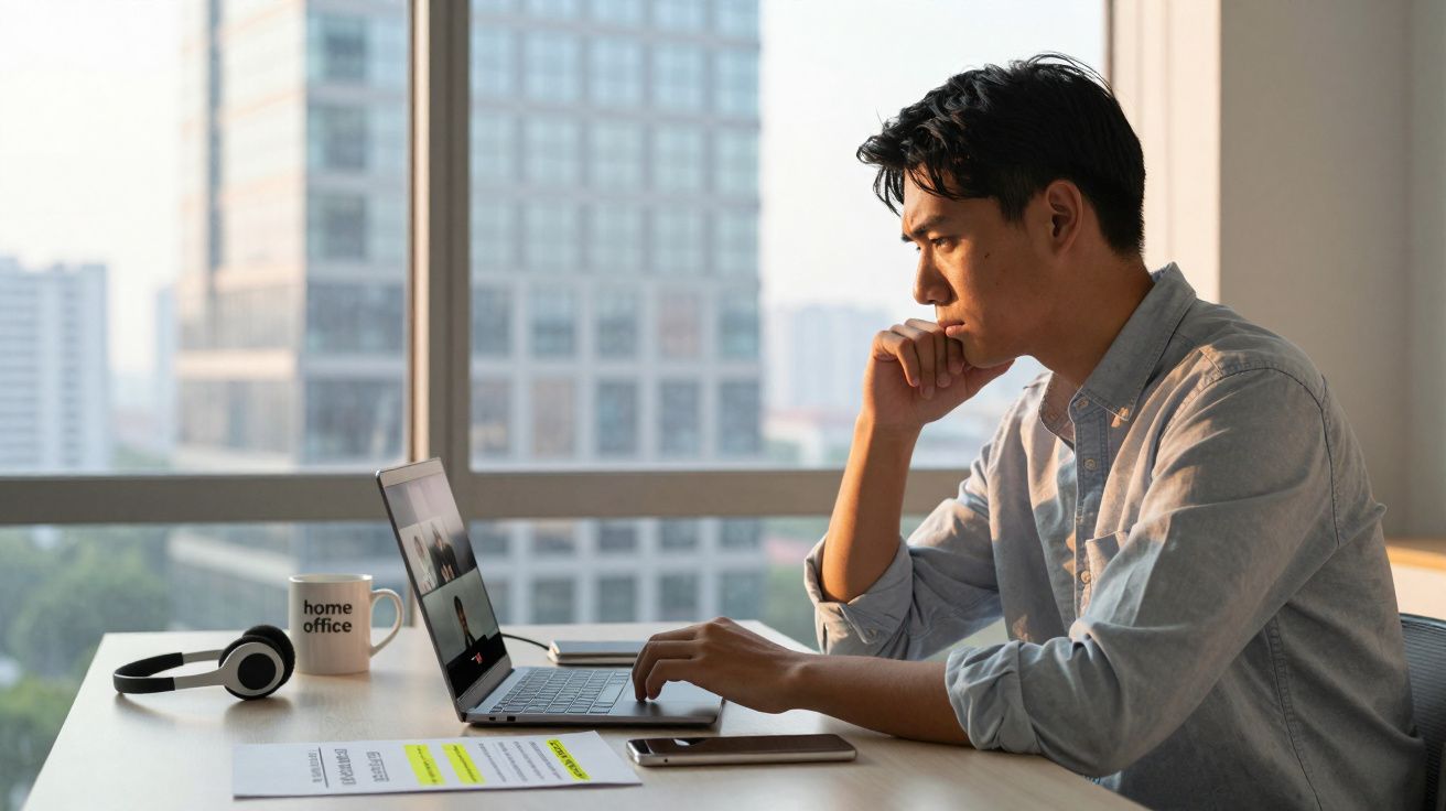 Homem jovem trabalhando em home office, concentrado no laptop com documentos e fones de ouvido na mesa.