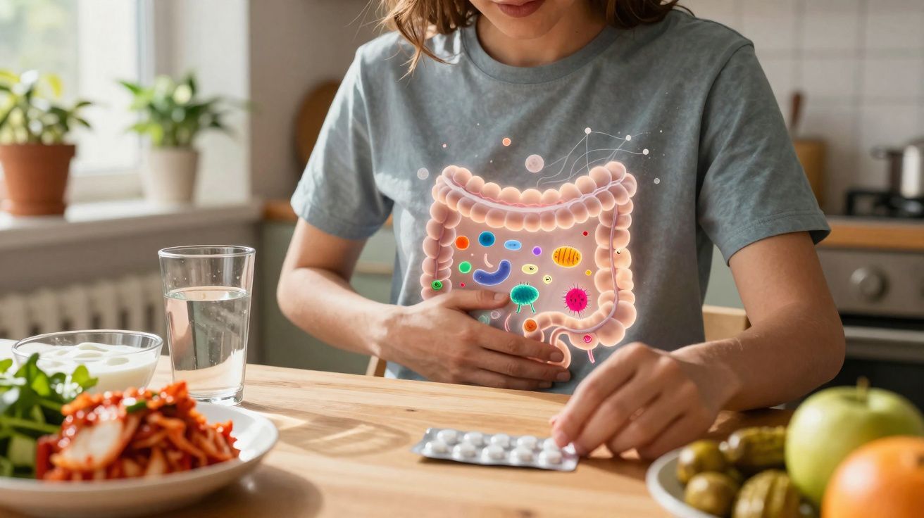 Mulher segurando o estômago com ilustração do intestino e bactérias, sentada à mesa com alimentos e remédios.