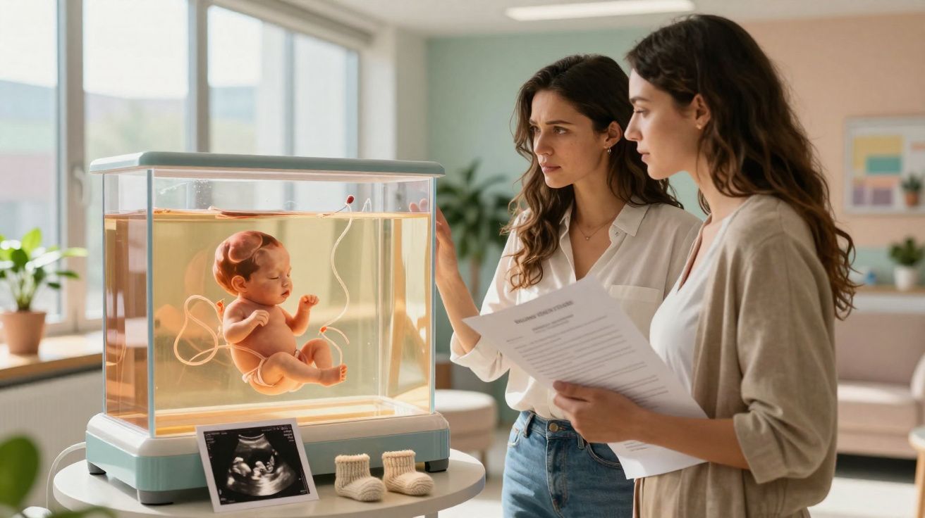 Duas mulheres analisam documento ao lado de tanque com feto humano em líquido, em ambiente clínico iluminado.
