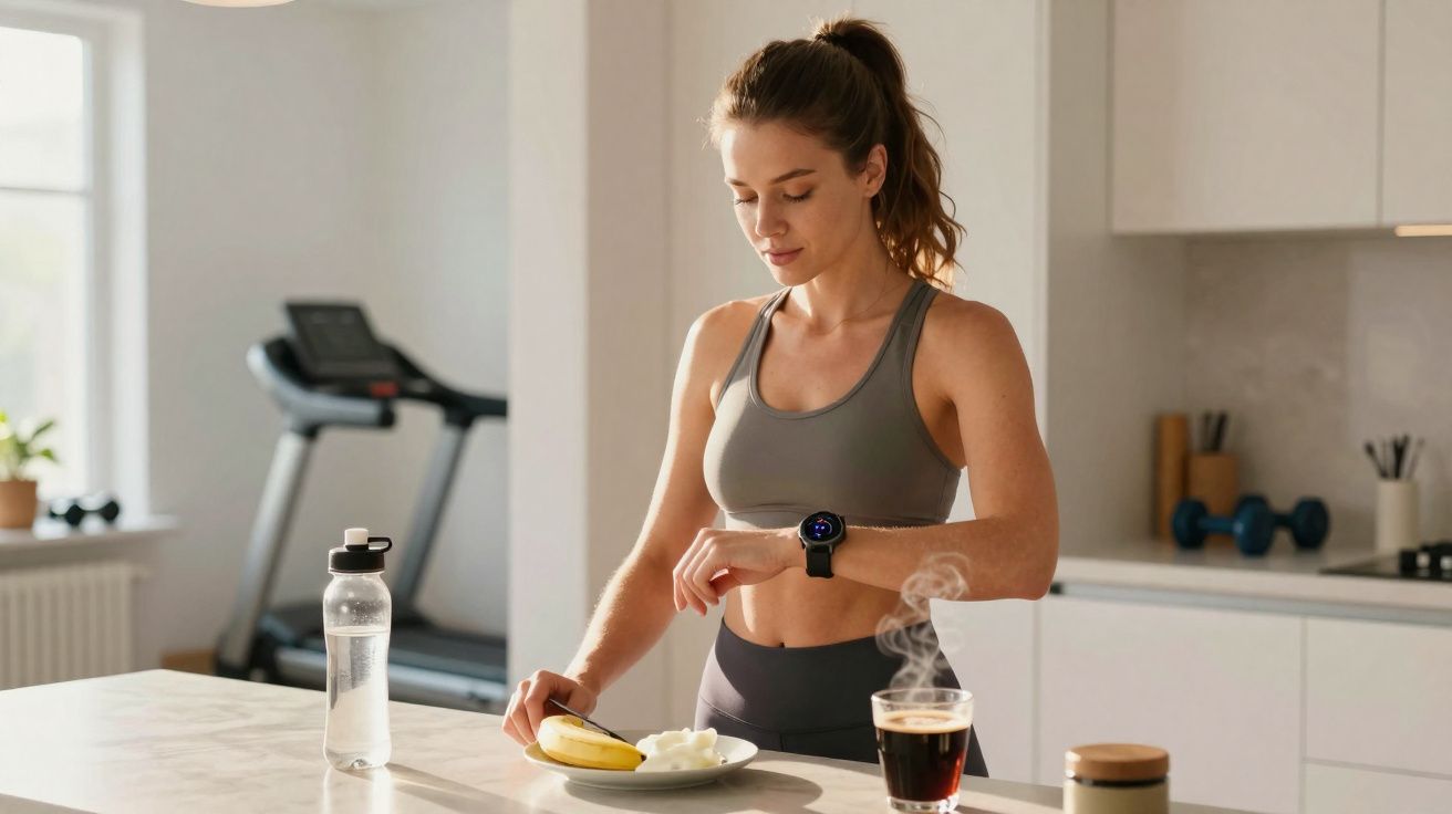 Mulher em roupa de treino verifica relógio inteligente na cozinha com alimentos e bebida quente na bancada.