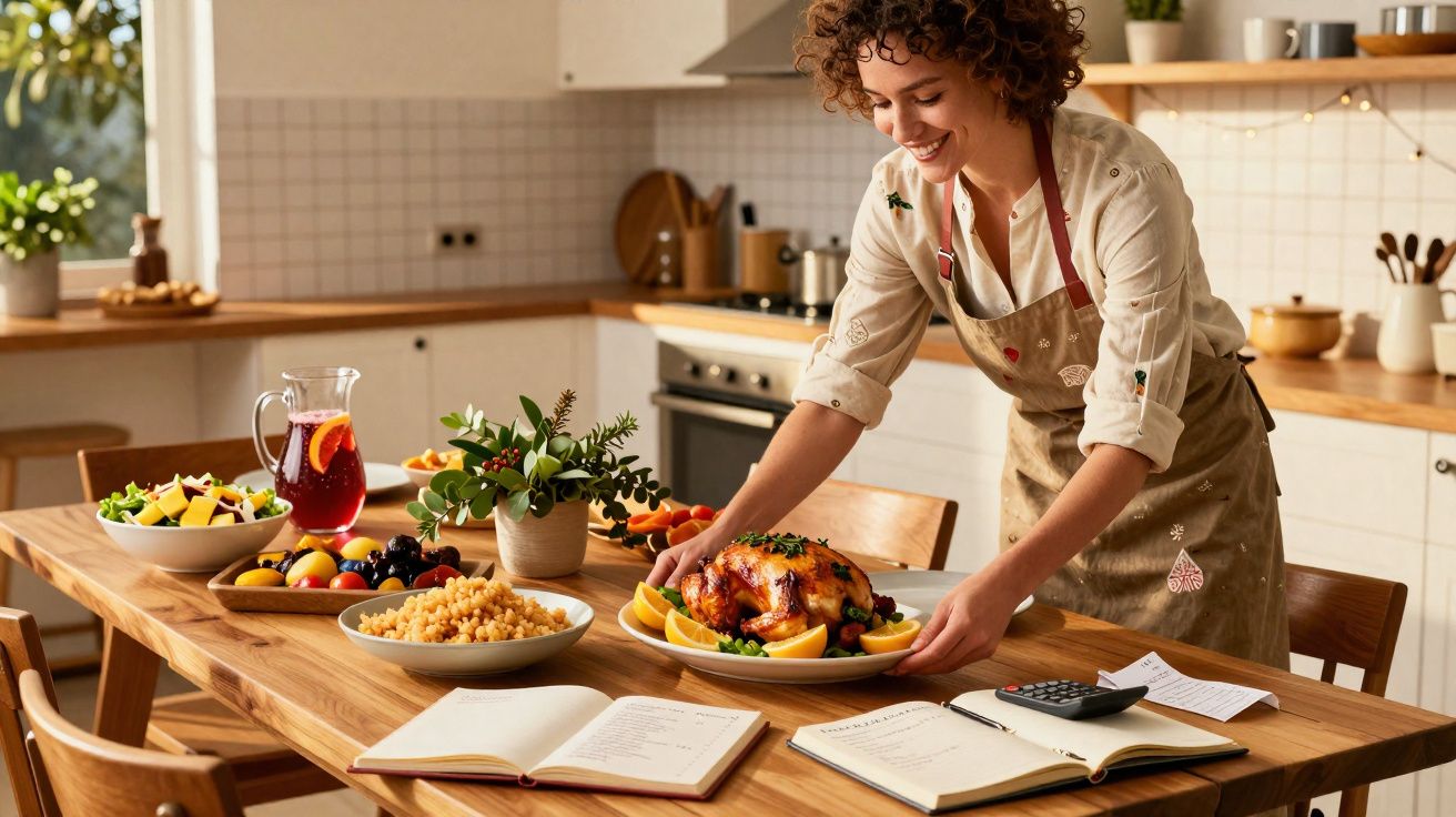 Mulher sorridente colocando prato com frango assado e laranjas na mesa de jantar com comida e caderno aberto.