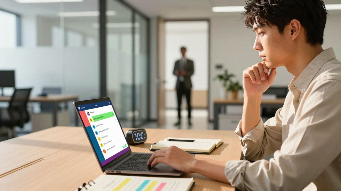 Jovem concentrado usando laptop em mesa de escritório moderno com outra pessoa ao fundo desfocada.
