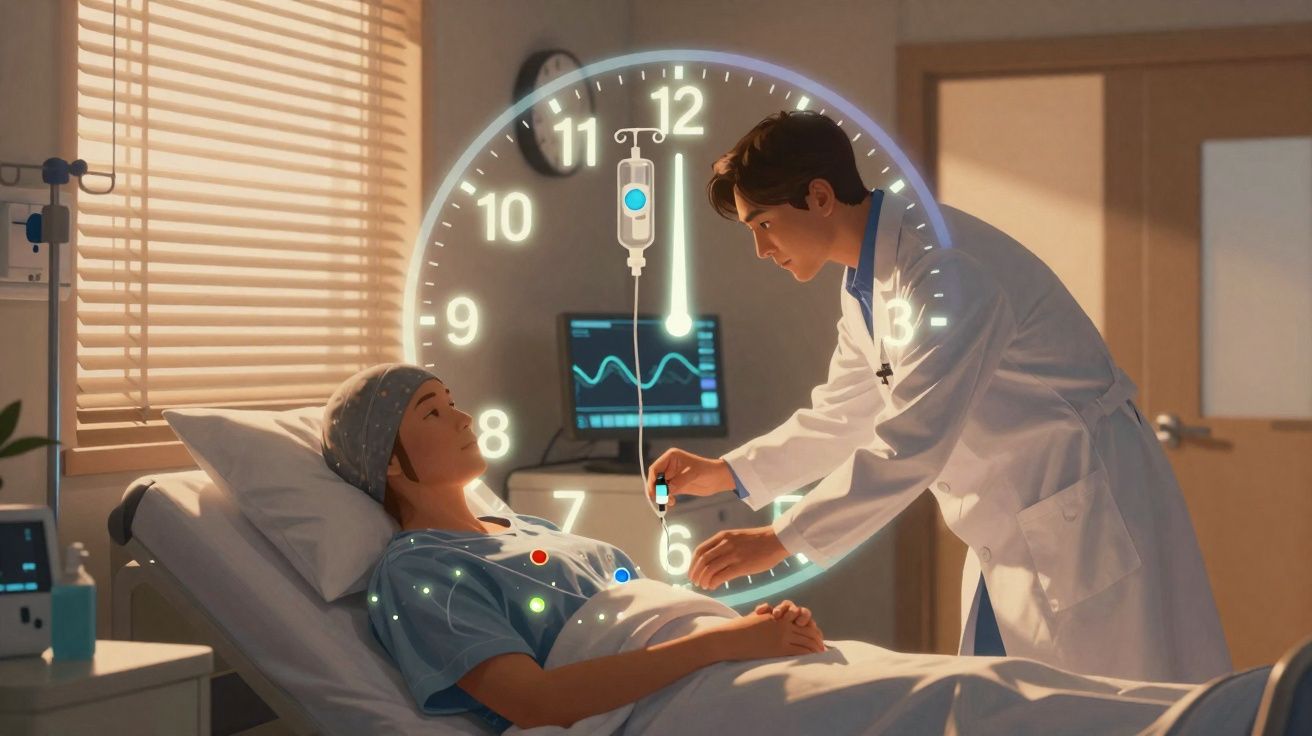 Paciente deitada em hospital com médico ajustando soro, relógio digital sobreposto indicando meia-noite.