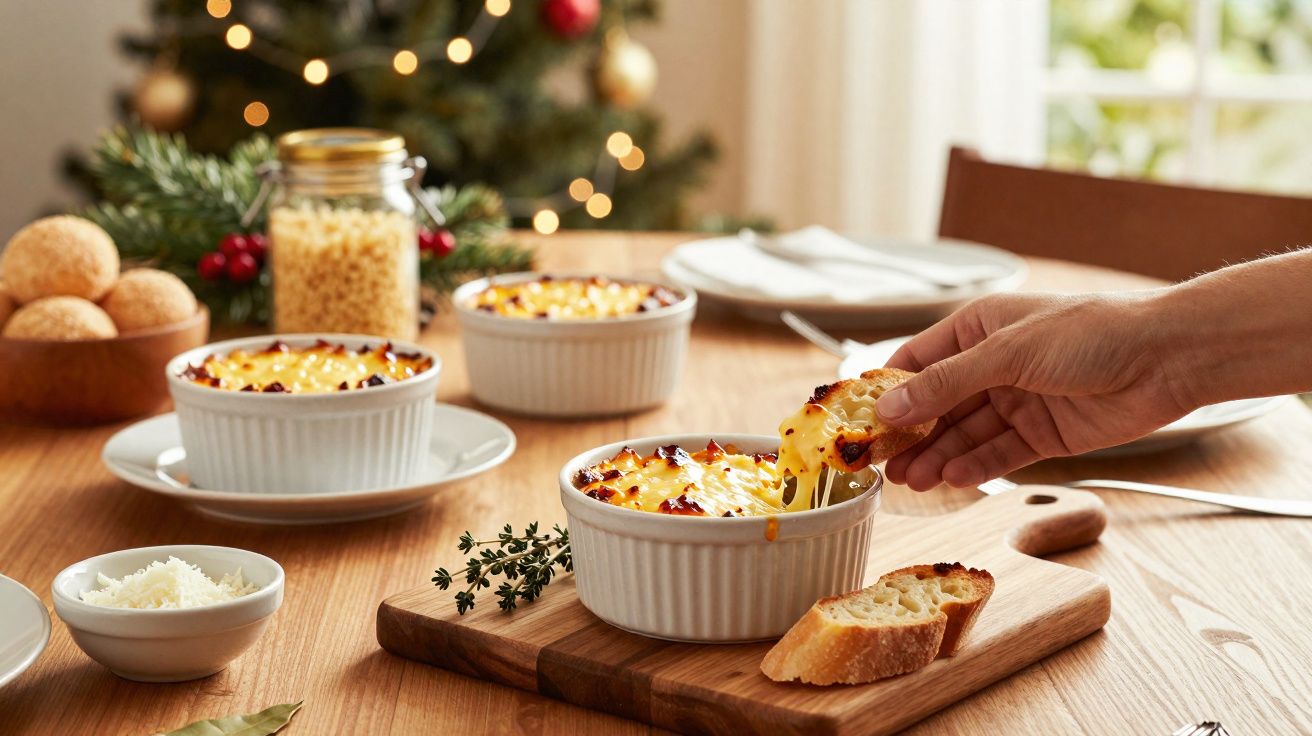 Prato com gratinado sendo servido com pedaço de pão em mesa decorada com tosse de Natal ao fundo.