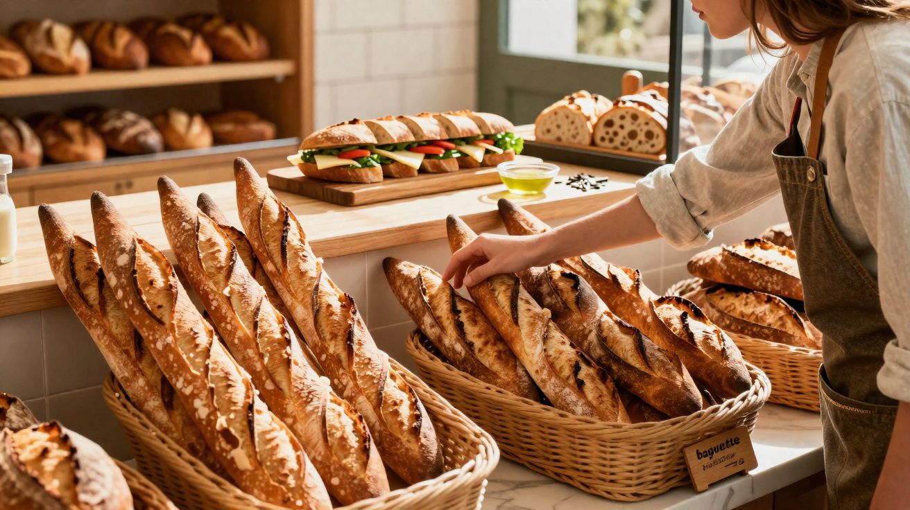 Pessoa pegando baguete em cesto dentro de padaria com pães e sanduíches ao fundo.