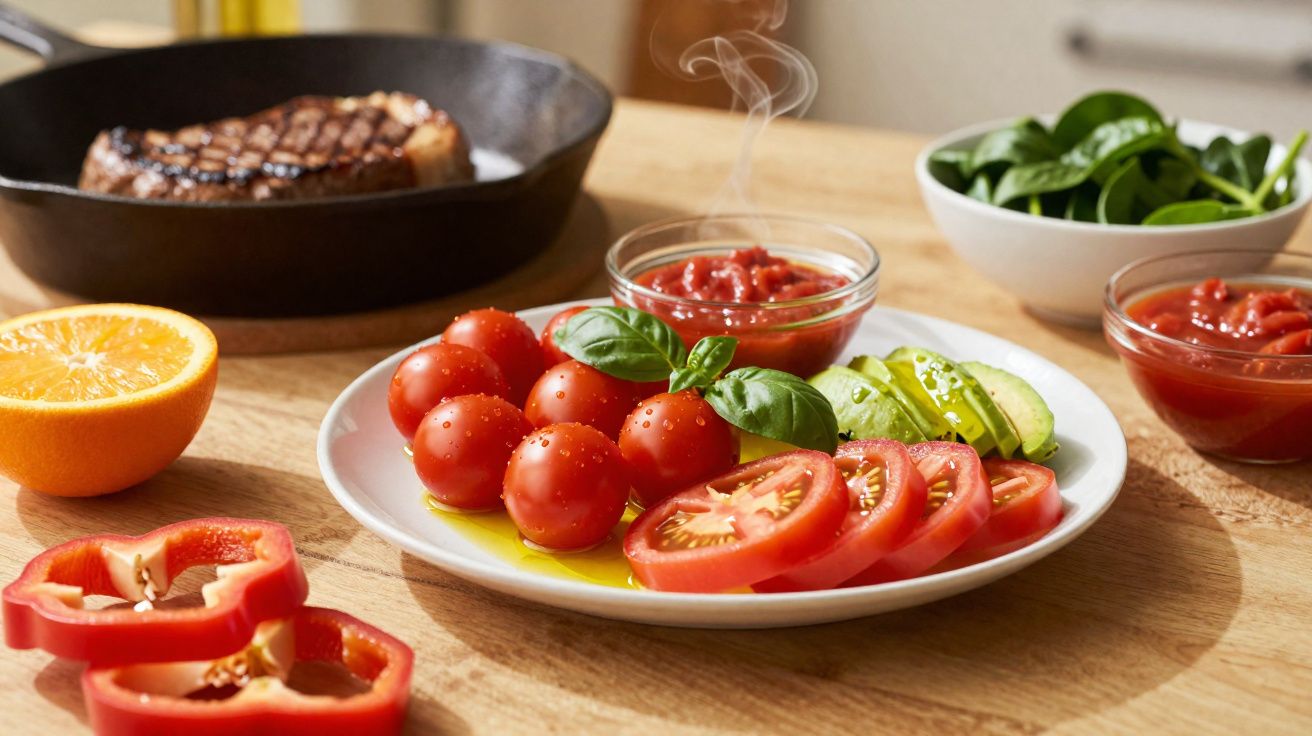 Prato com tomates, abacate, manjericão e molho, ao fundo bife na frigideira e legumes fatiados sobre mesa.