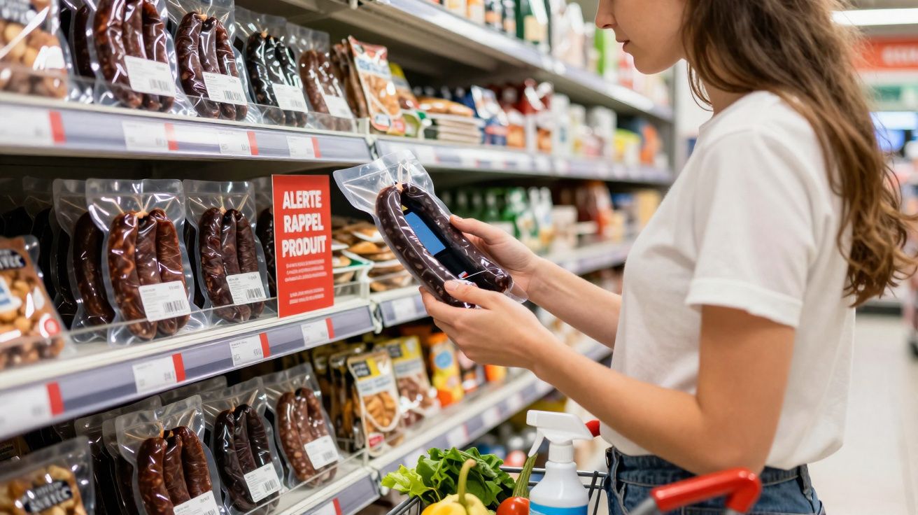 Mulher segurando linguiça embalada em supermercado, com aviso de recall no produto.