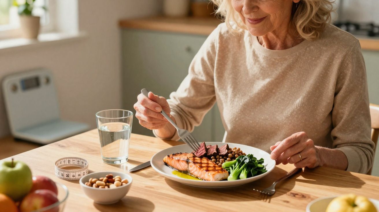 Mulher sorridente comendo refeição saudável com salmão, legumes e feijão na cozinha iluminada.