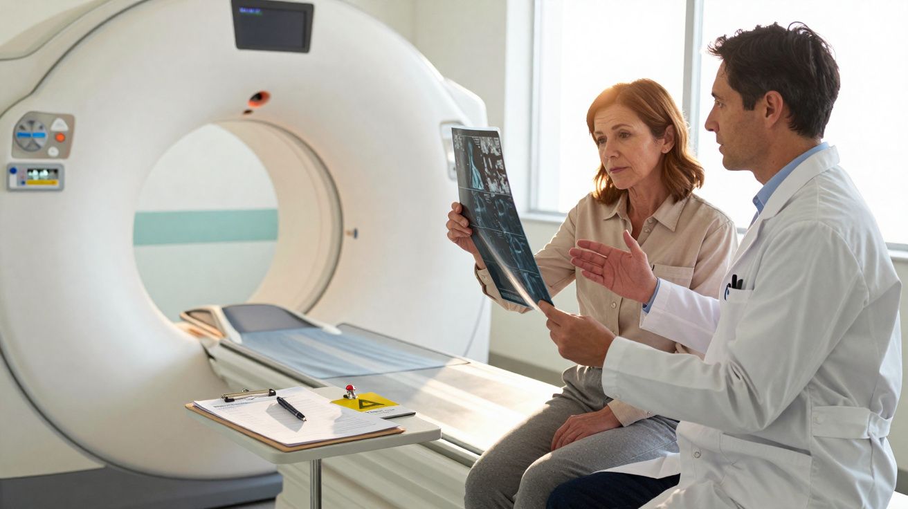 Médico explica exame de imagem para paciente mulher perto de aparelho de ressonância magnética em hospital.