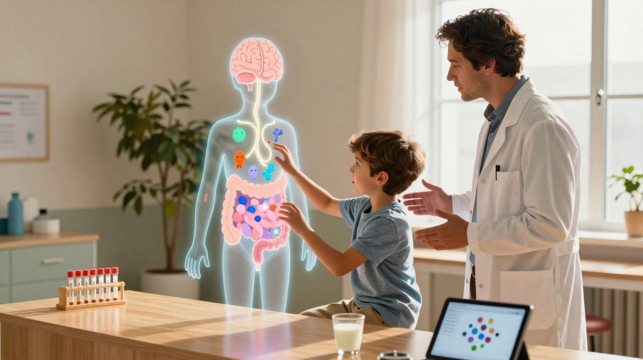 Criança e médico observando representação holográfica do corpo humano com foco no cérebro e intestinos.
