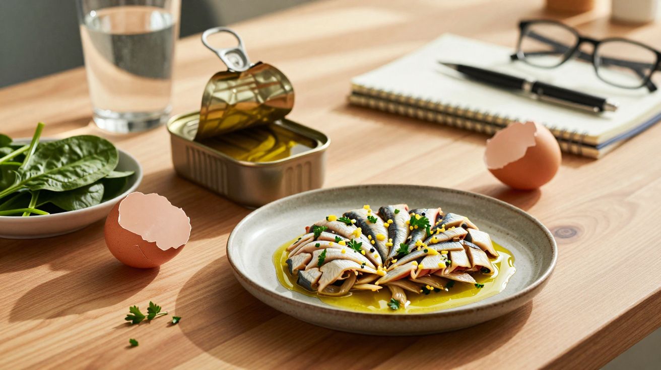 Prato com filés de sardinha em azeite, ovos quebrados, folhas verdes, copo de água e itens de escritório sobre mesa de madeir