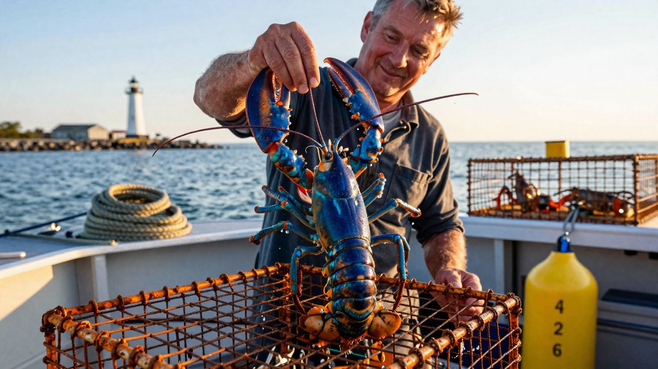 Pescador em barco segurando lagosta azul sobre armadilha de marisco com farol ao fundo.