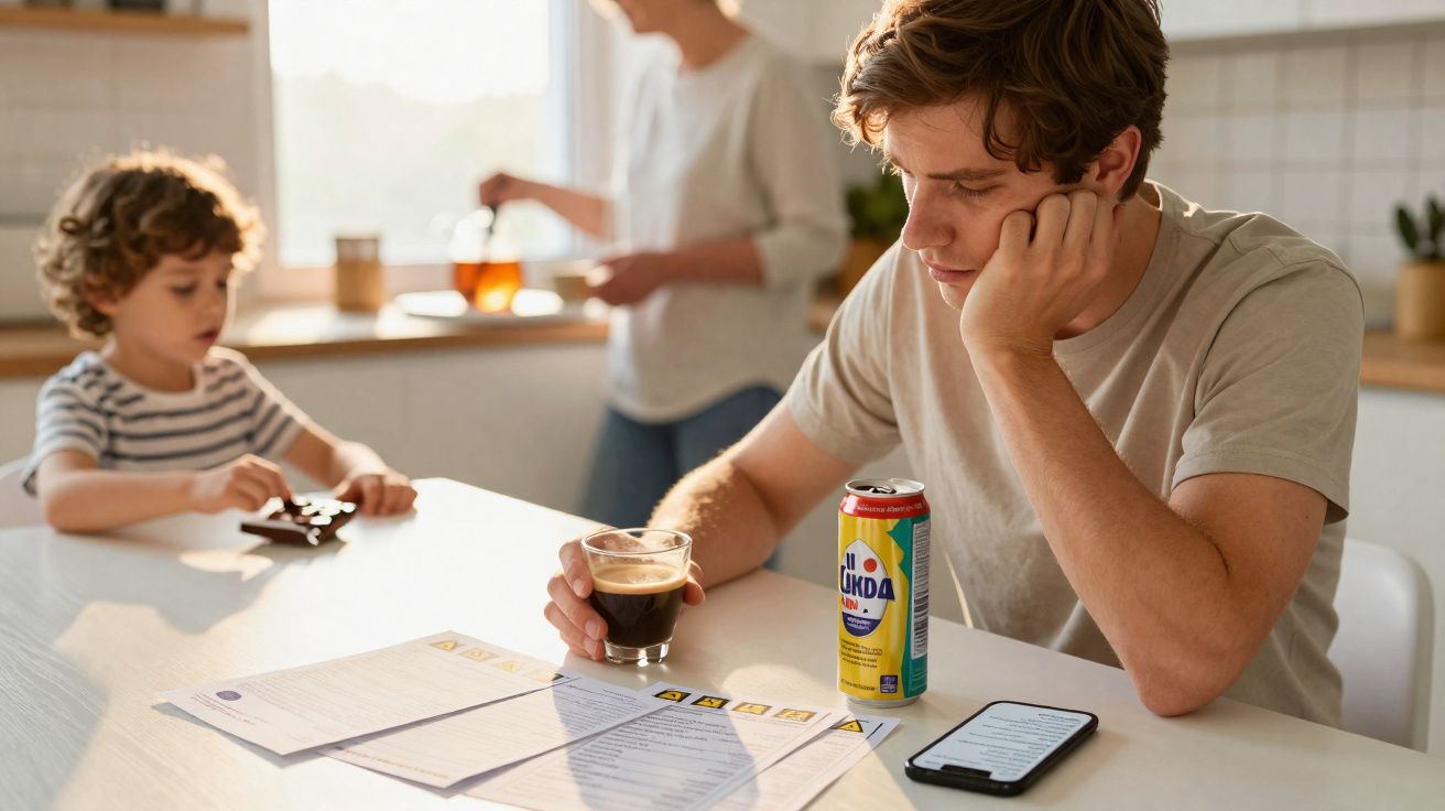 Jovem preocupado com documentos na mesa, segurando café, criança brinca ao fundo na cozinha iluminada.