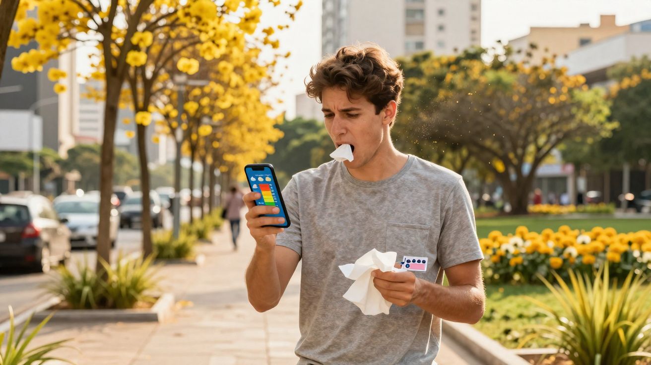 Jovem espirrando e segurando lenço enquanto olha para celular em calçada com árvores floridas ao fundo.