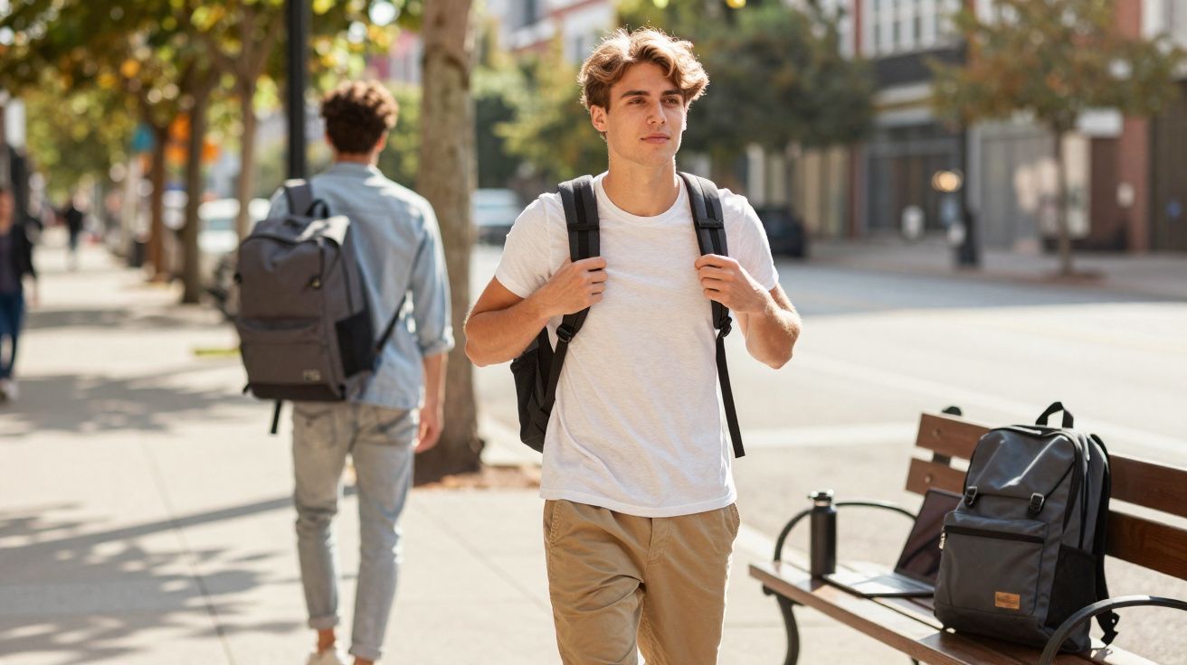 Jovem com mochila nas costas caminhando em calçada urbana ensolarada, com outra pessoa ao fundo.