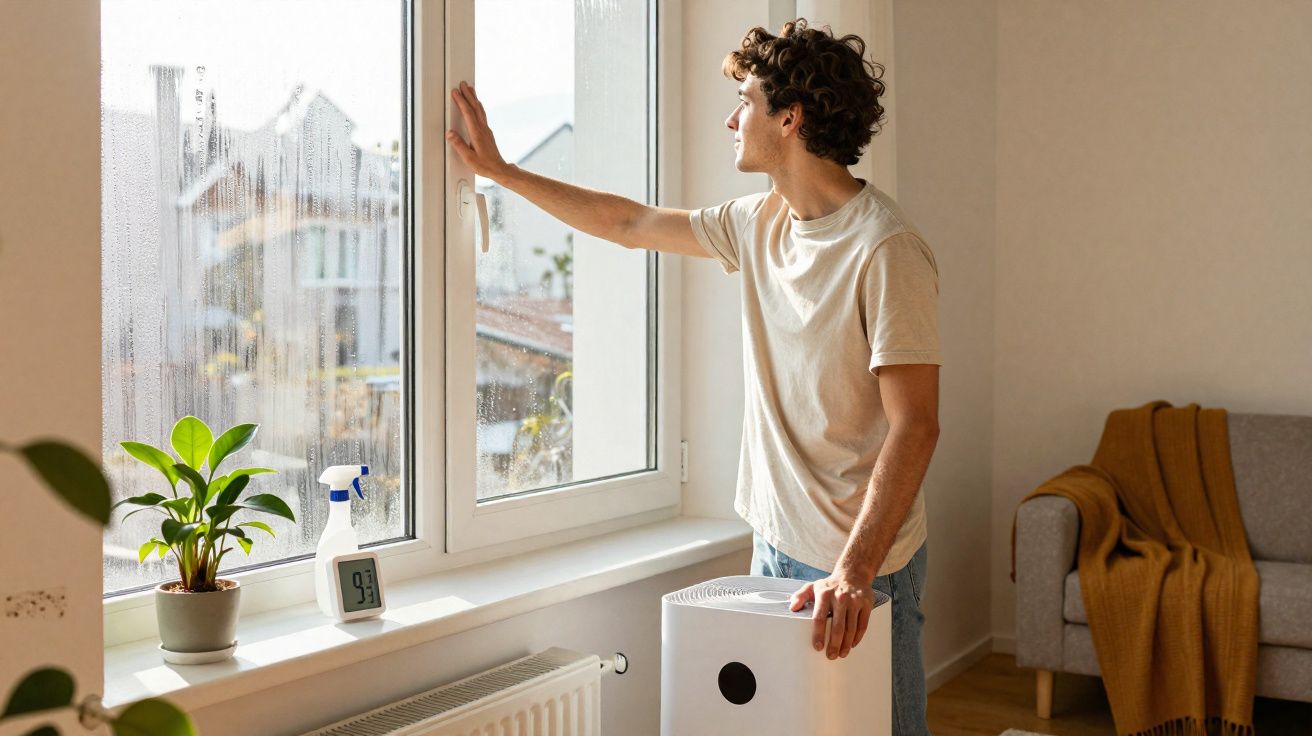 Homem com camiseta clara olhando pela janela em ambiente interno com umidificador e planta na janela.