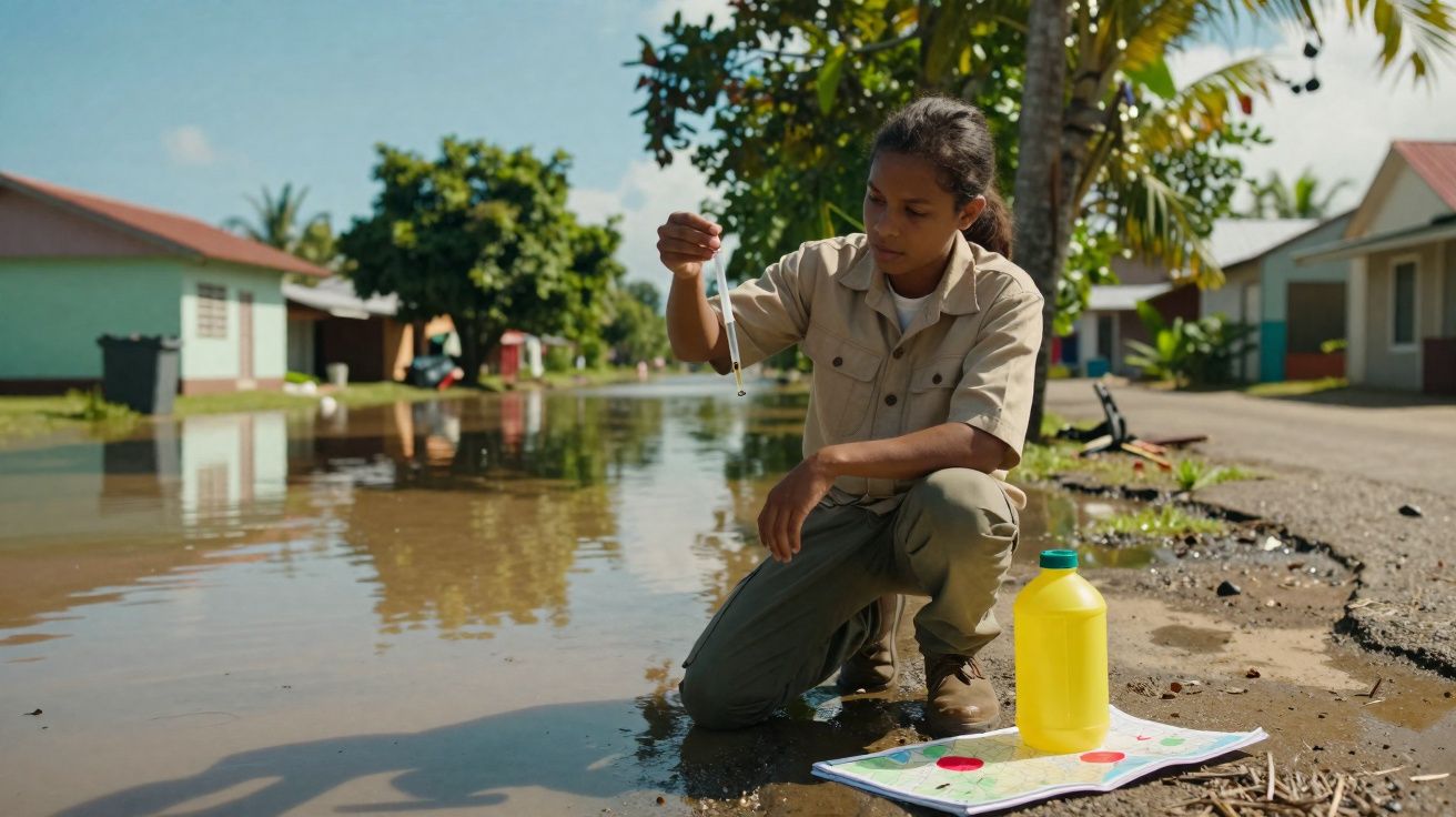Pessoa em uniforme coleta amostra de água em rua alagada para análise ambiental.