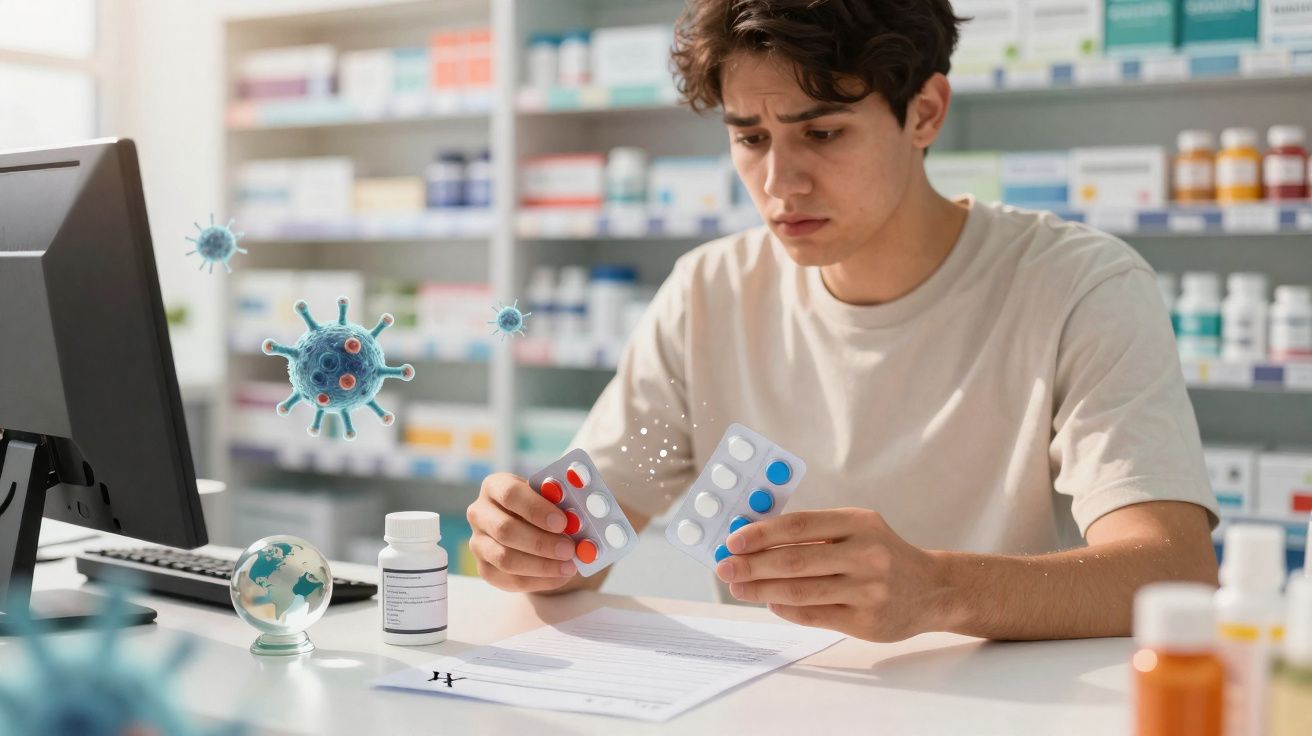 Jovem analisando comprimidos em embalagem na mesa de farmácia, com prateleiras e vírus ilustrados ao redor.