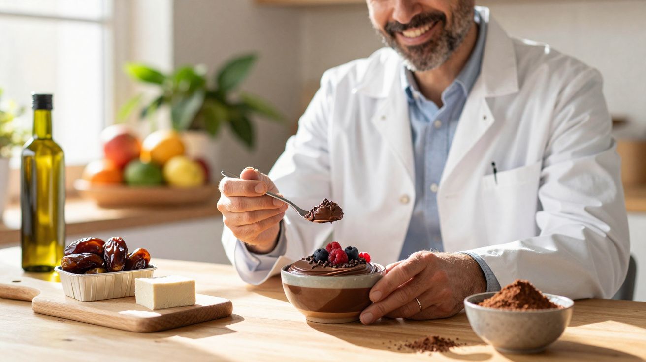 Homem de jaleco branco segurando uma colher com doce de chocolate em tigela decorada com frutas vermelhas.