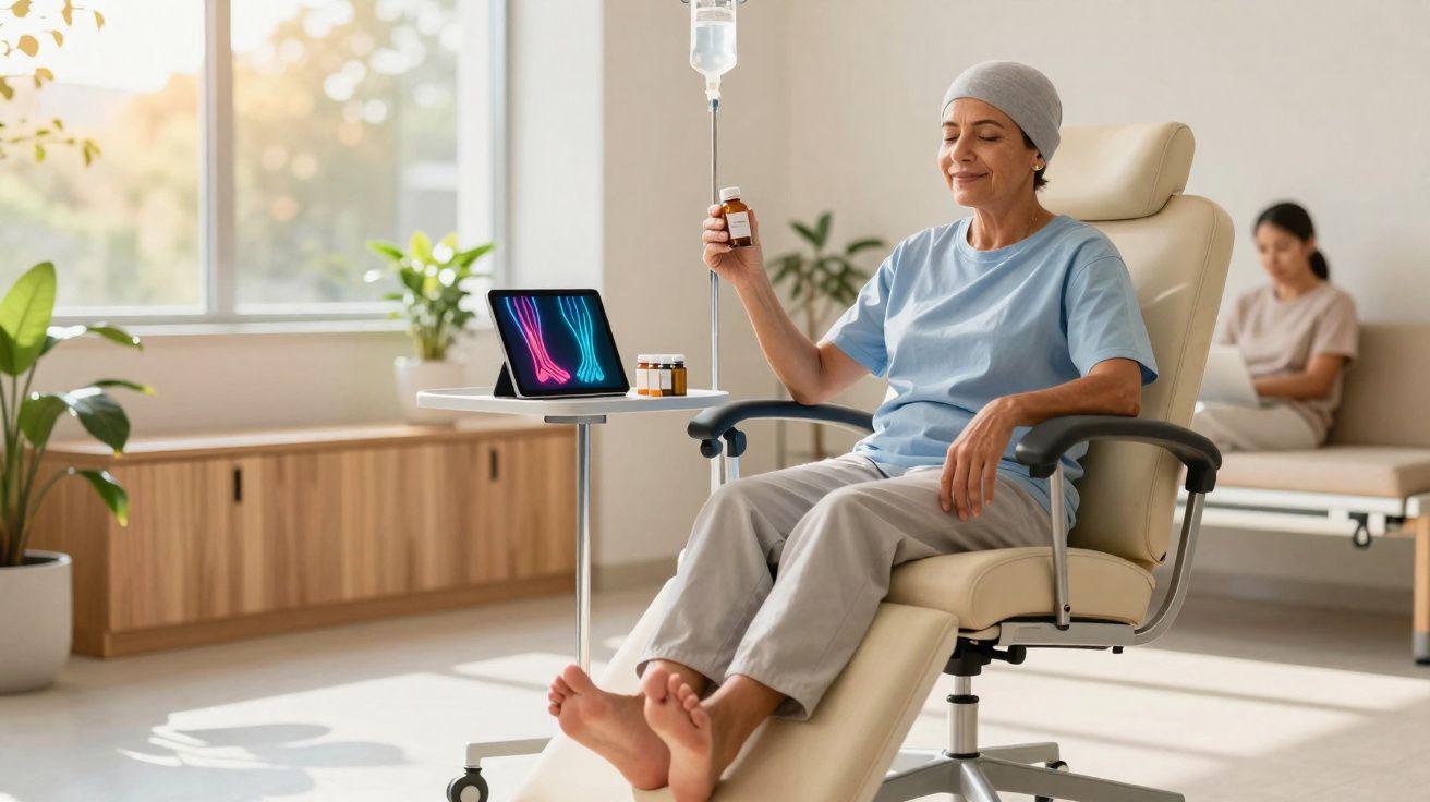 Mulher com touca recebendo tratamento médico intravenoso sentada em cadeira reclinável, em ambiente clínico iluminado.