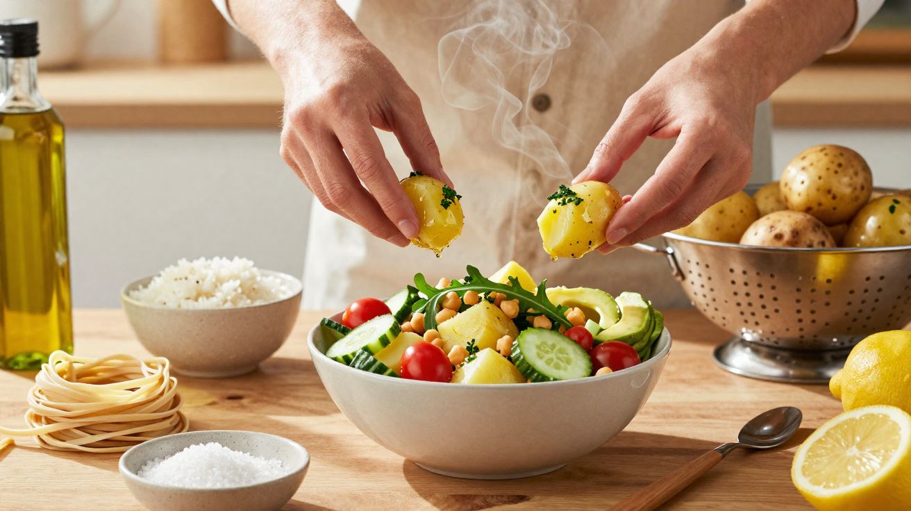Pessoa preparando salada fresca com tomates cereja, pepino, grão-de-bico e batatas na cozinha.