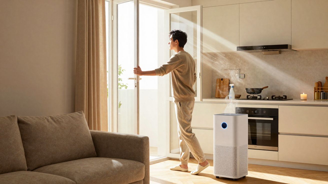 Pessoa abrindo porta de vidro para varanda em cozinha clara com umidificador funcionando no chão
