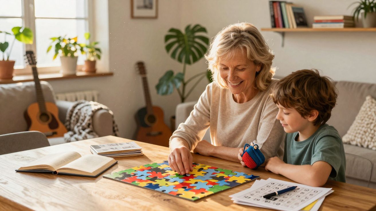 Mulher e menino estão montando um quebra-cabeça colorido juntos em mesa de madeira em sala iluminada.