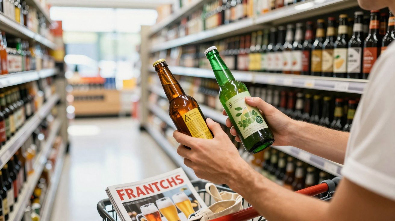 Pessoa comparando duas cervejas artesanais em garrafas em corredor de supermercado.