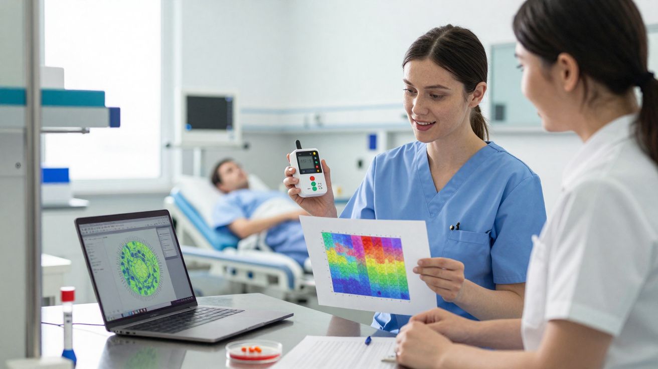 Profissionais de saúde analisam gráficos e exames em ambiente clínico com paciente ao fundo em leito.