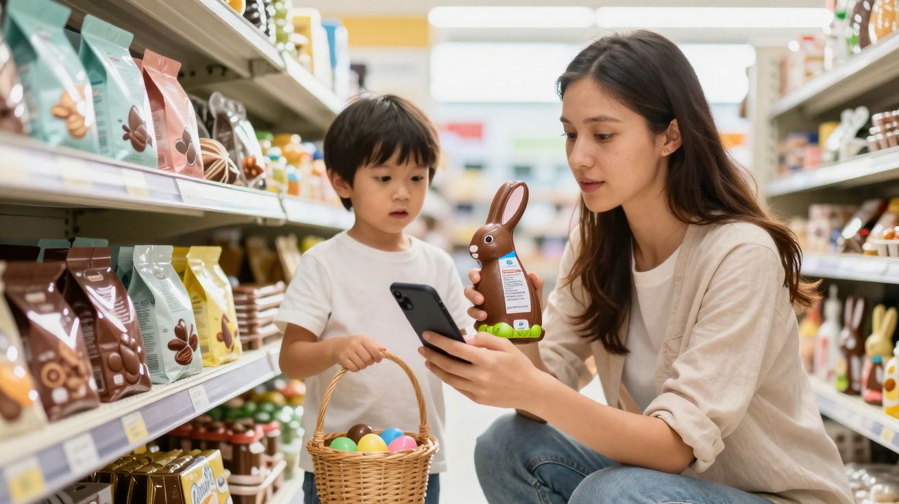 Mulher e criança escolhem ovo de Páscoa em supermercado, criança segura cesto com ovos coloridos.