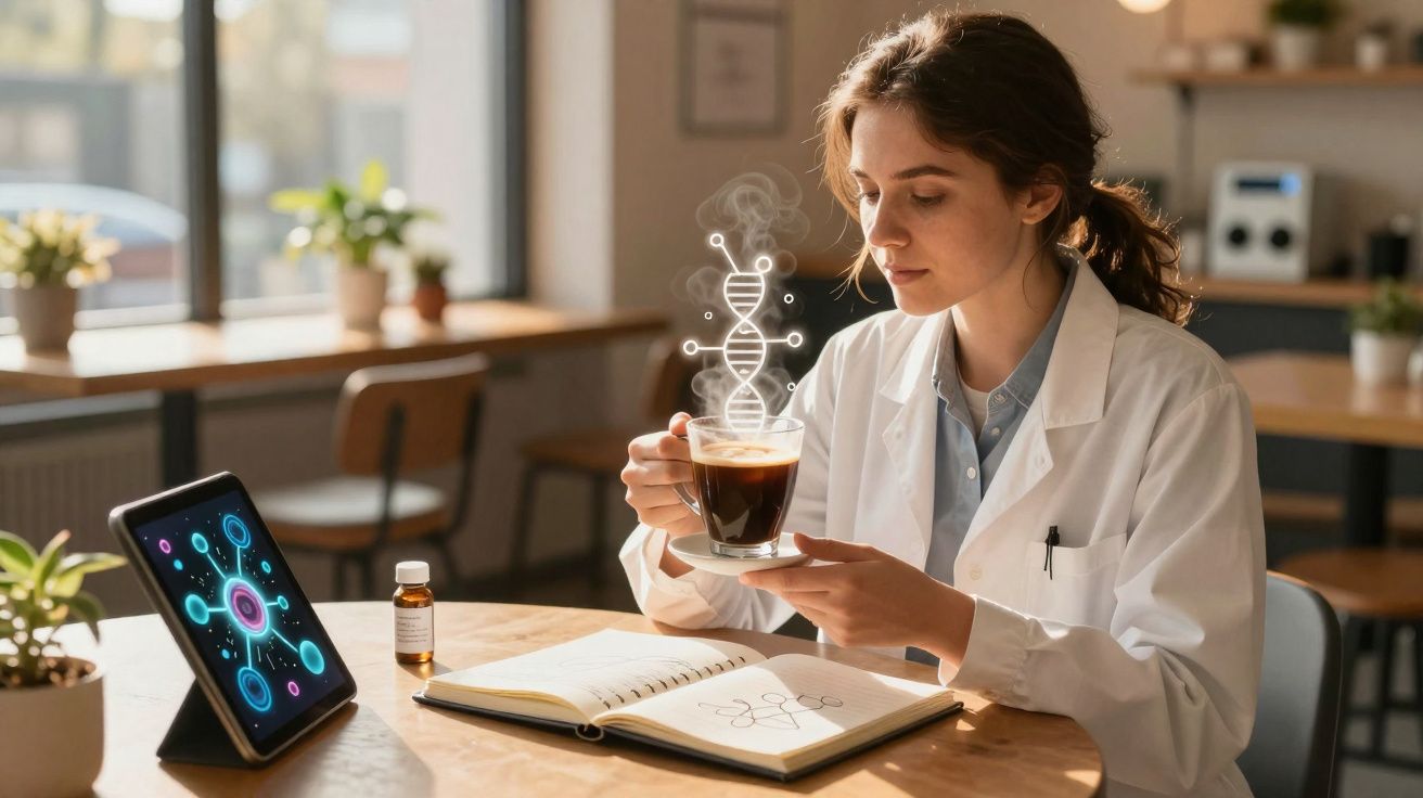 Jovem cientista observa café com holograma de DNA, em mesa com notebook e caderno no laboratório.
