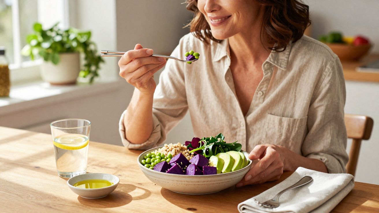 Mulher sorridente comendo salada colorida com legumes e frutas na cozinha iluminada.