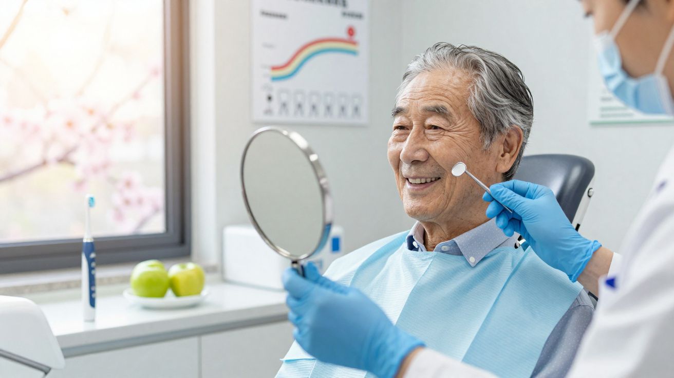 Paciente idoso sorridente olhando no espelho enquanto dentista com luvas examina sua boca.