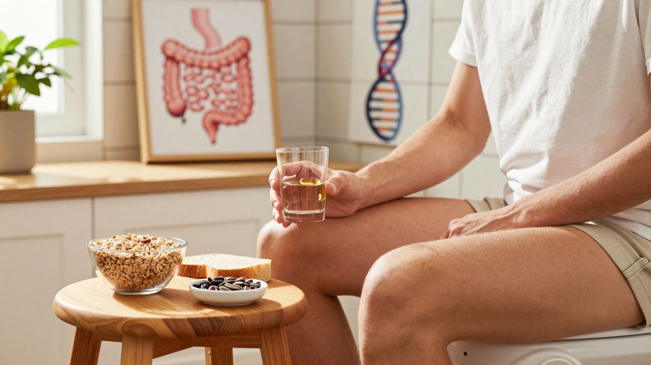 Pessoa segurando copo com água e óleo de peixe ao lado de tigelas com sementes e pão em mesa de madeira.
