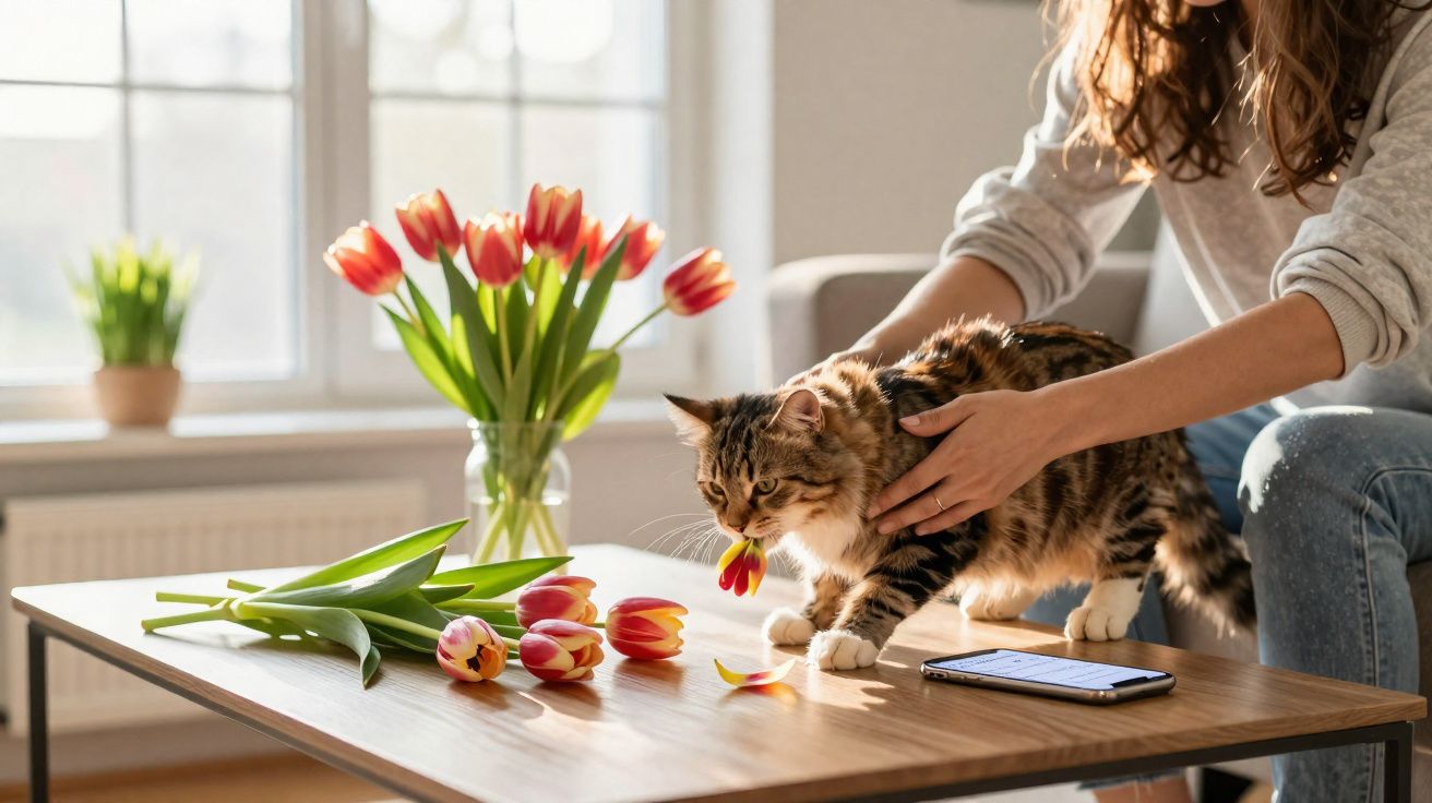 Pessoa acaricia gato que mordeu tulipa caída sobre mesa de madeira com vaso de tulipas ao fundo.