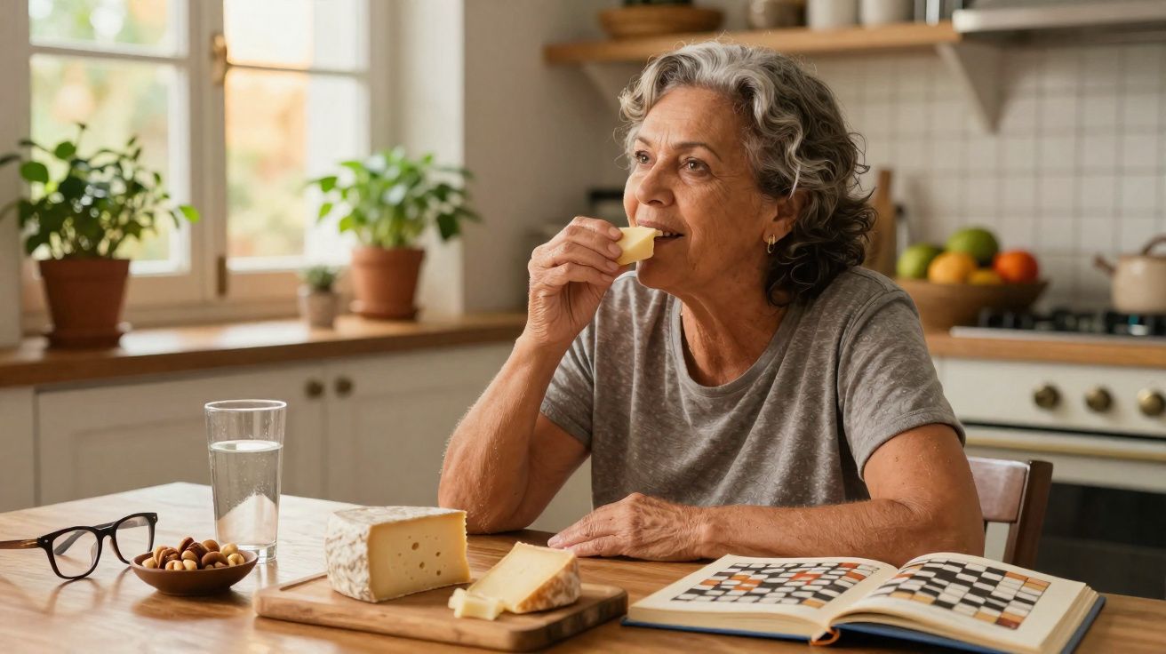 Idosa sentada à mesa na cozinha, comendo queijo, ao lado de livro de palavras cruzadas e copo d'água.