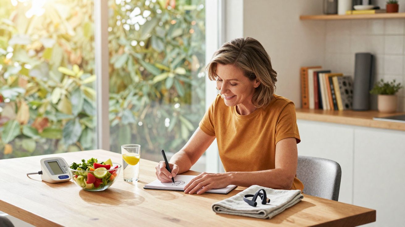 Mulher sorrindo escreve em caderno sentada à mesa com salada, copo de água e medidor de pressão.
