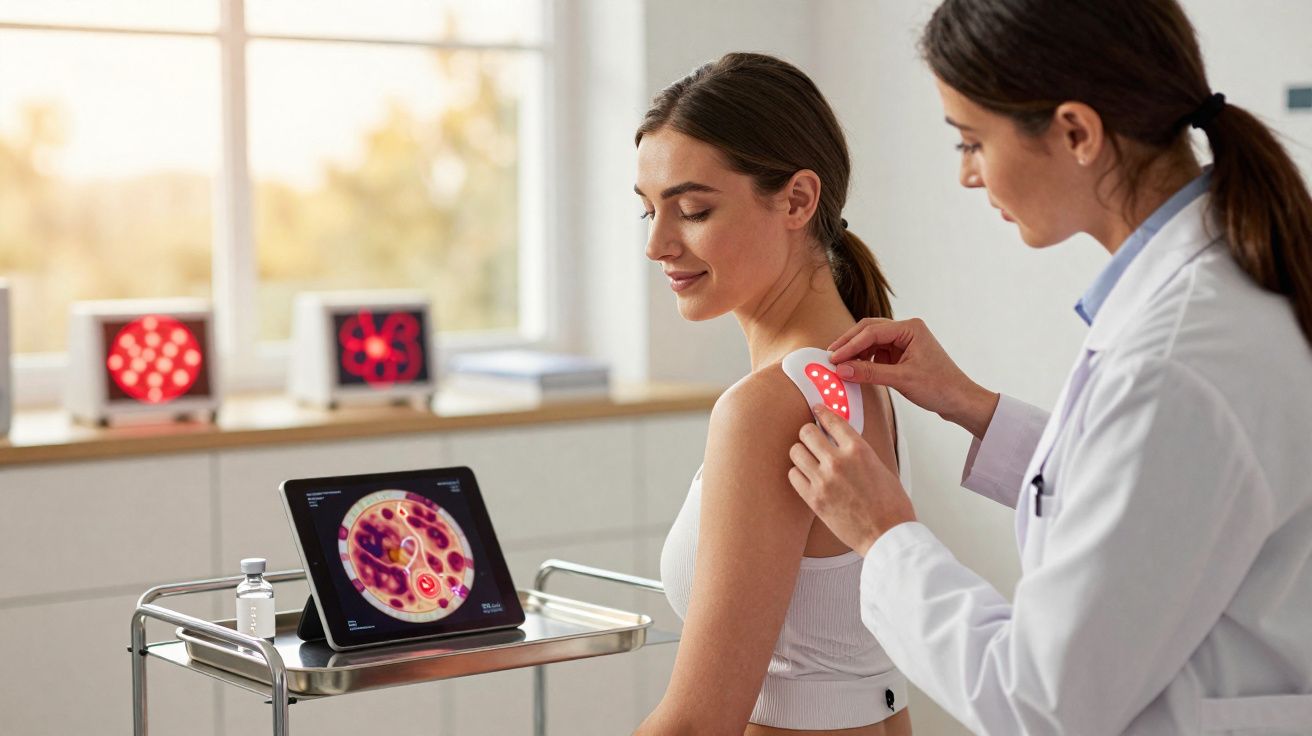 Profissional de saúde aplicando dispositivo de luz vermelha no ombro de paciente em clínica moderna.
