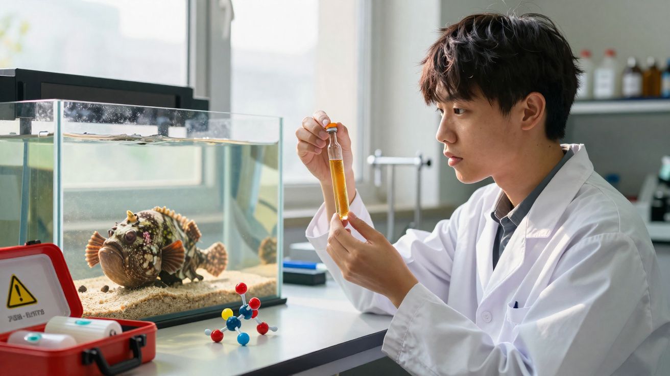Cientista jovem em laboratório segurando tubo de ensaio com líquido amarelo perto de aquário com peixe decorativo.