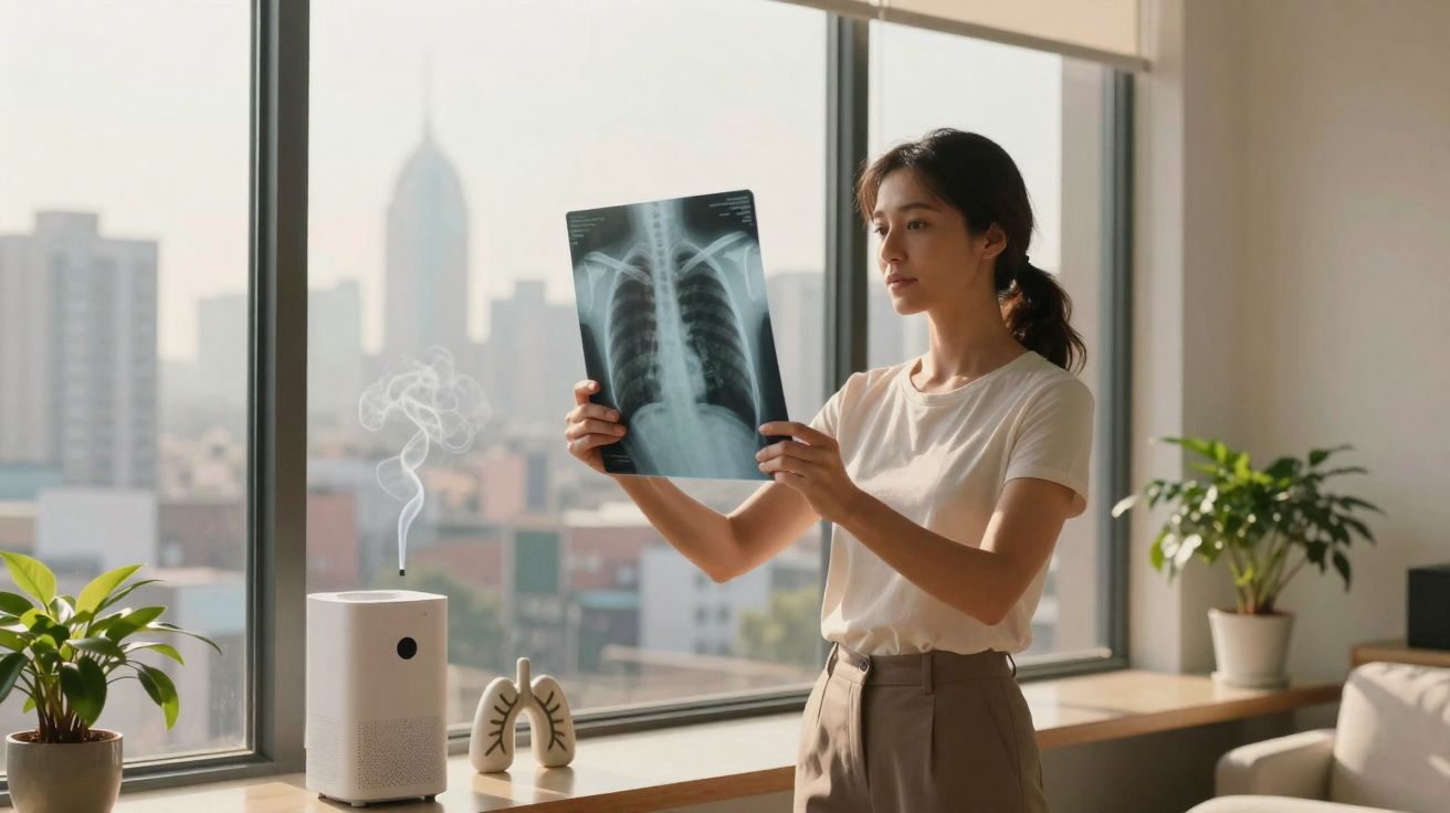 Mulher segurando radiografia de tórax perto de janelas com umidificador e planta na sala iluminada.