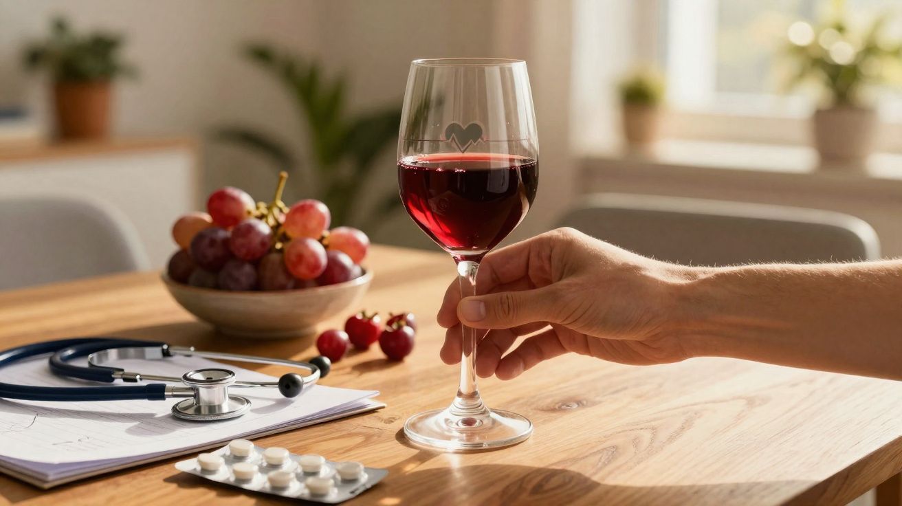 Mão segurando taça de vinho tinto ao lado de uvas, remédios e estetoscópio sobre mesa de madeira.