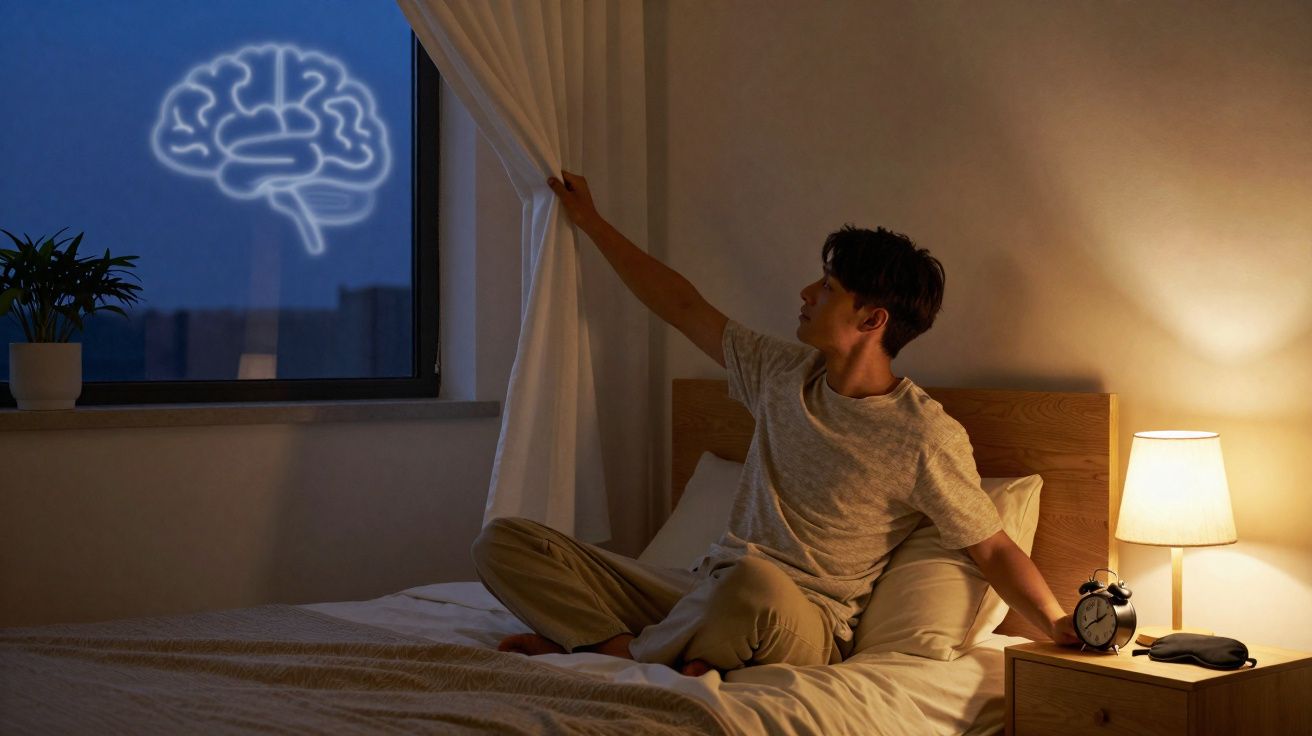 Jovem sentado na cama abre cortina à noite, janela mostra imagem luminosa de cérebro.
