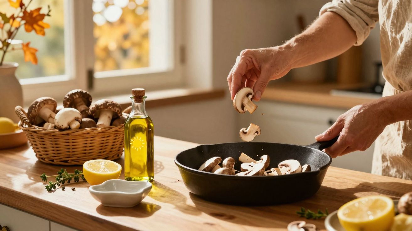 Pessoa colocando cogumelos fatiados em frigideira na cozinha iluminada por luz natural.