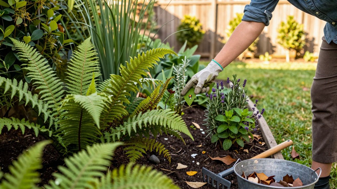 Pessoa cuidando de plantas em canteiro no jardim com ferramentas e folhas secas ao redor.