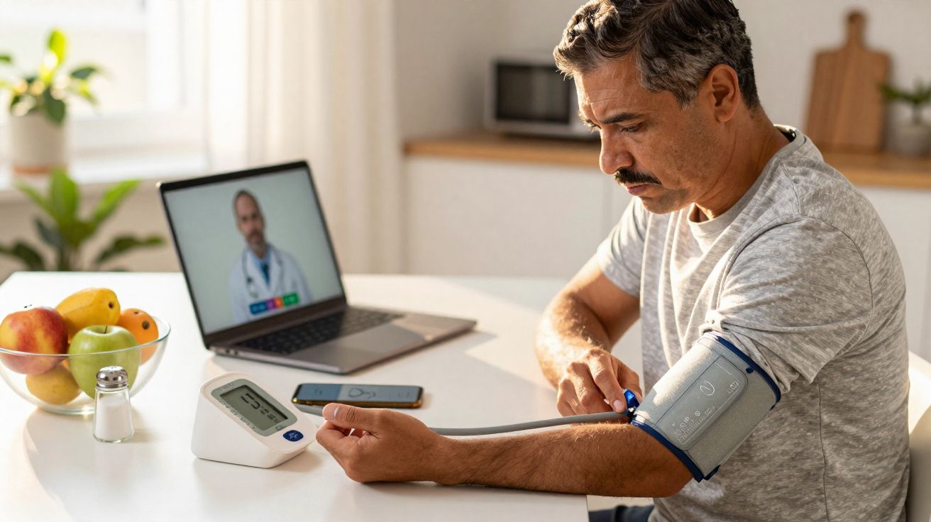 Homem medindo pressão arterial em casa durante consulta médica online no laptop.