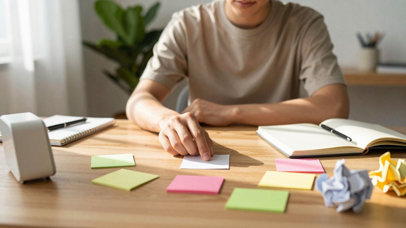 Pessoa sentada em mesa organizando anotações em post-its coloridos e caderno aberto ao lado.