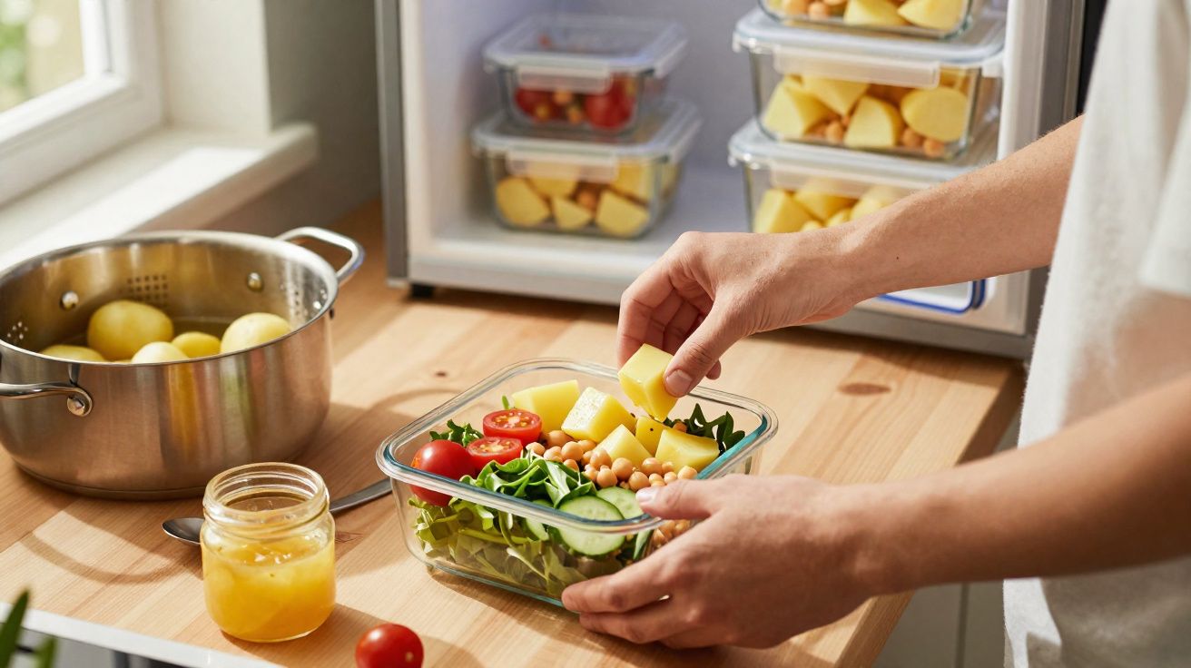 Pessoa preparando salada com batata, tomate, grão-de-bico e folhas verdes em pote na cozinha.